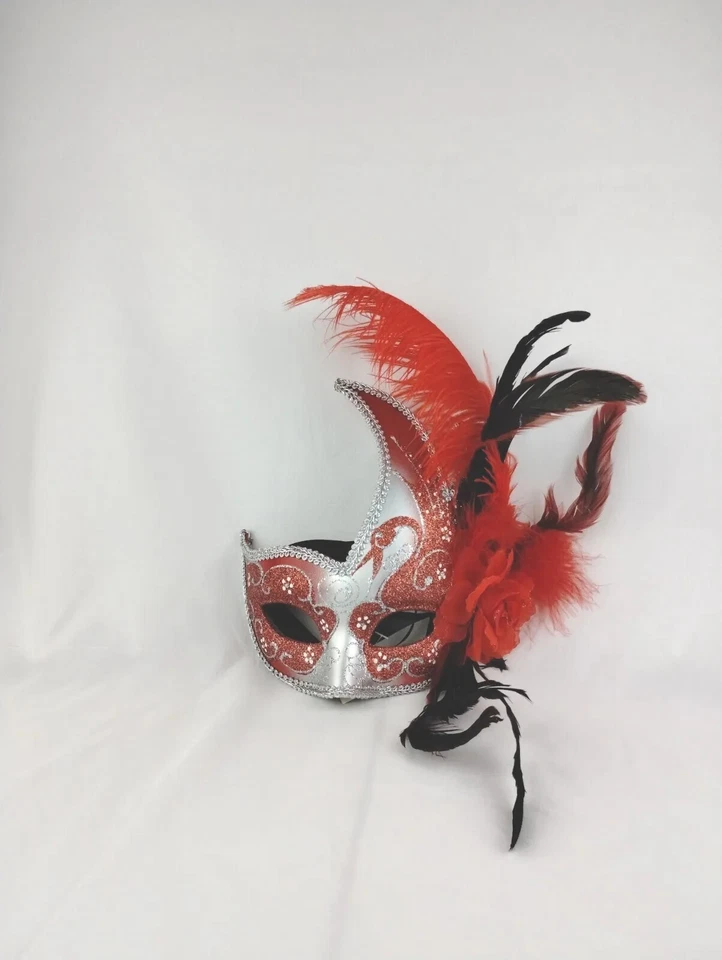 Womens Party Mask Hard Masquerade Red On Silver With Red Black Bird Feather  - Image 2 of 4