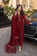 Heavy Reception Wear Maroon Faux Georgette Salwar Kameez With Dupatta For Women