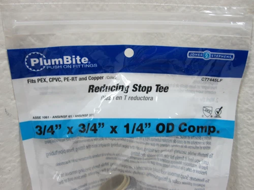 Jones Stephens C77445LF 3/4" x 3/4" x 1/4" Compression PlumBite Push on Stop Tee - Picture 3 of 4