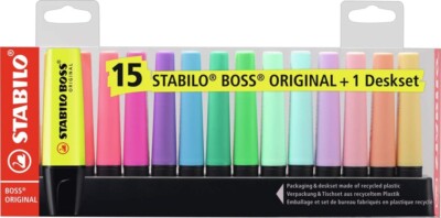 Textmarker - STABILO BOSS ORIGINAL - 15er Tischset - 9 Leuchtfarb., 6 Pastellf.