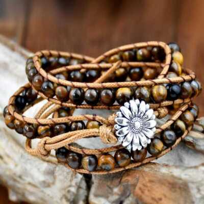 Tiger Eye stone bead cowhide rope cuff bracelet 3 circles Minimalist