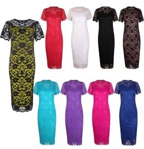 Womens Ladies Short Sleeve Floral Lace Lined Plus Size Bodycon Midi Dress 14-28