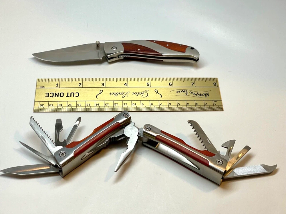Multi Tool and Folding Knife Set - Stainless Steel Blades w/Wood Handle Inlays