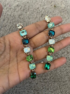 Green Teal earring Crystal Big Large Gold Long Rhinestone Pageant Dangle  Formal