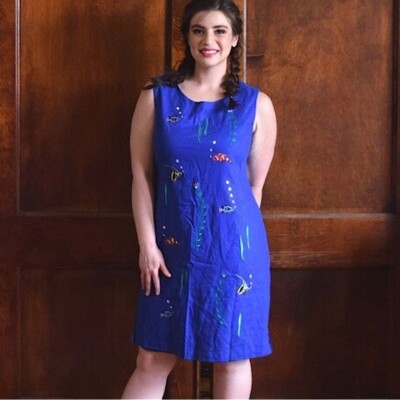Ultra Dress Linen tropical fish embroidered sheath dress blue women size 10P | eBay Ultra Dress Linen tropical fish embroidered sheath dress blue women size 10P | eBay
