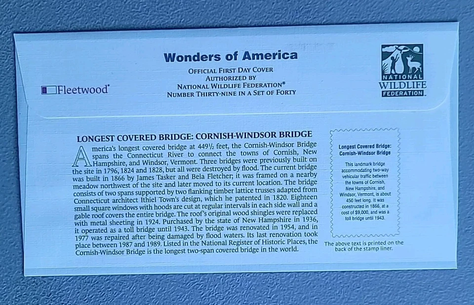 US FDC # 4071 Longest Covered Bridge .Cornish- Windsor Bridge 2006. - Image 2 of 4