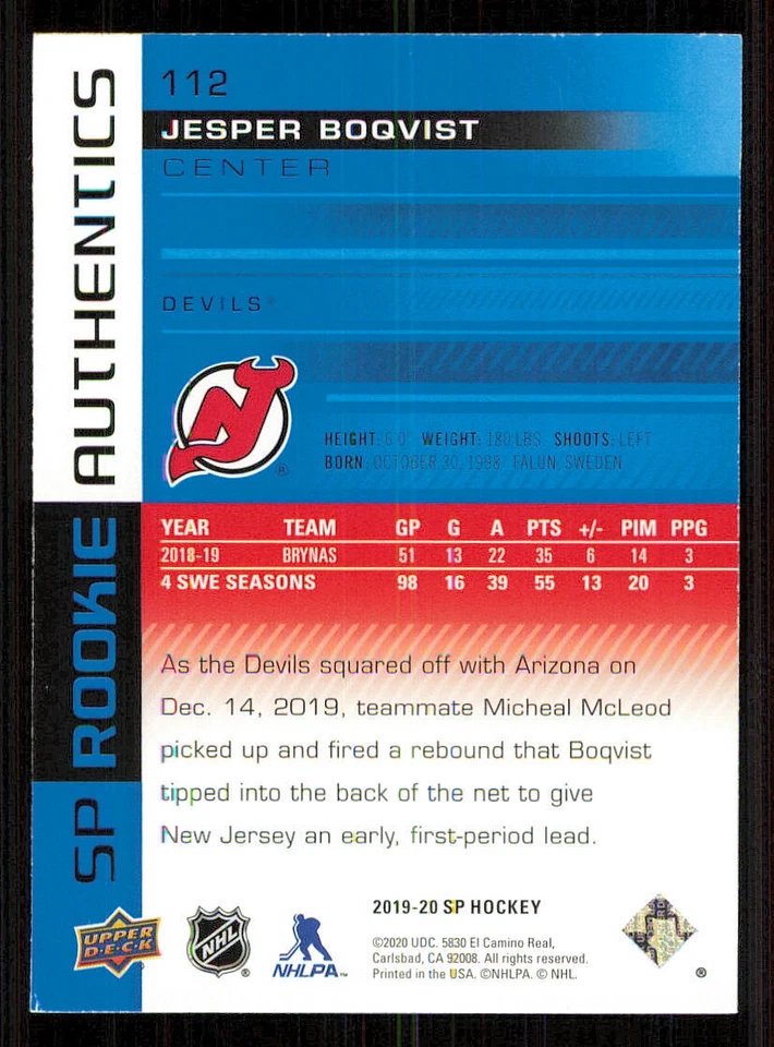 2019-20 SP Blue #112 Jesper Boqvist - Image 2 of 2