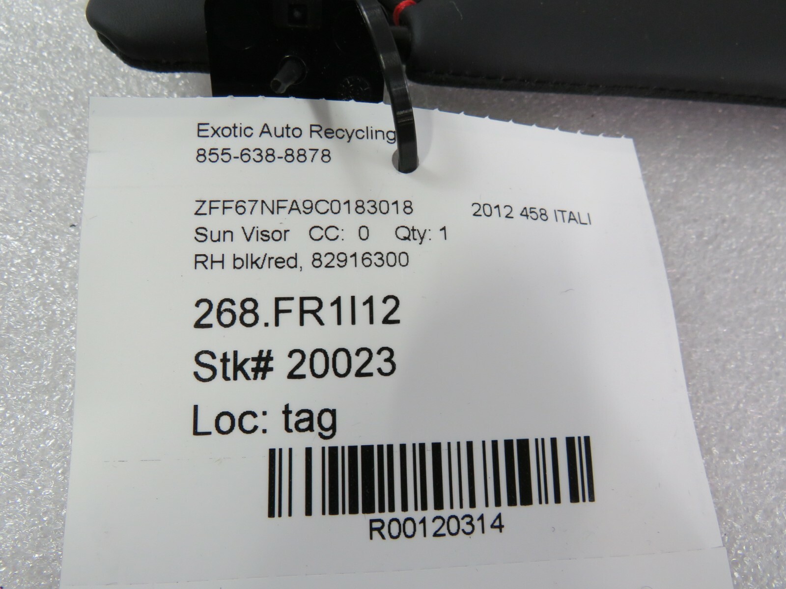 Ferrari 458 Italia, RH, Right Sun Visor, Blk w/ Red Stitch, Used, P/N 82916300