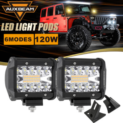 For Jeep Wrangler JK Pair 4'' LED Light Pods 6Modes White/Amber + Mount Bracket