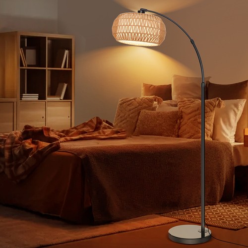 LED Bogenlampe Wohnzimmer Stehlampe Vintage Rattan Standleuchten Dimmbar Birne - Bild 10 von 12