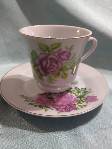 1 Set Vintage China Tea Cup and & Saucer Pink Rose Floral Gold Trim - Picture 10 of 12