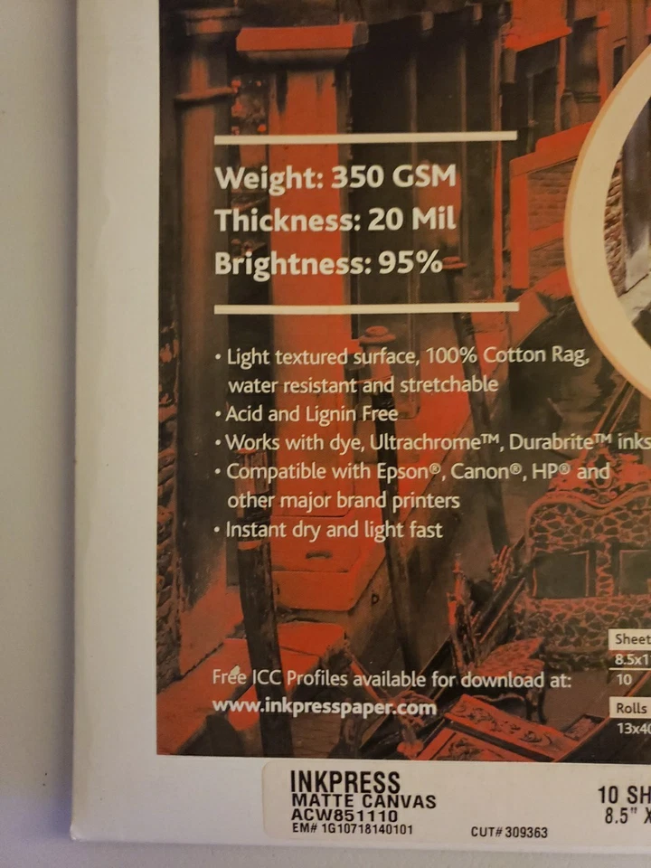 Inkpress Matte Canvas Photo Paper 8.5" X 11.5" 10 Sheets, ACW851110 New Sealed - Image 2 of 4