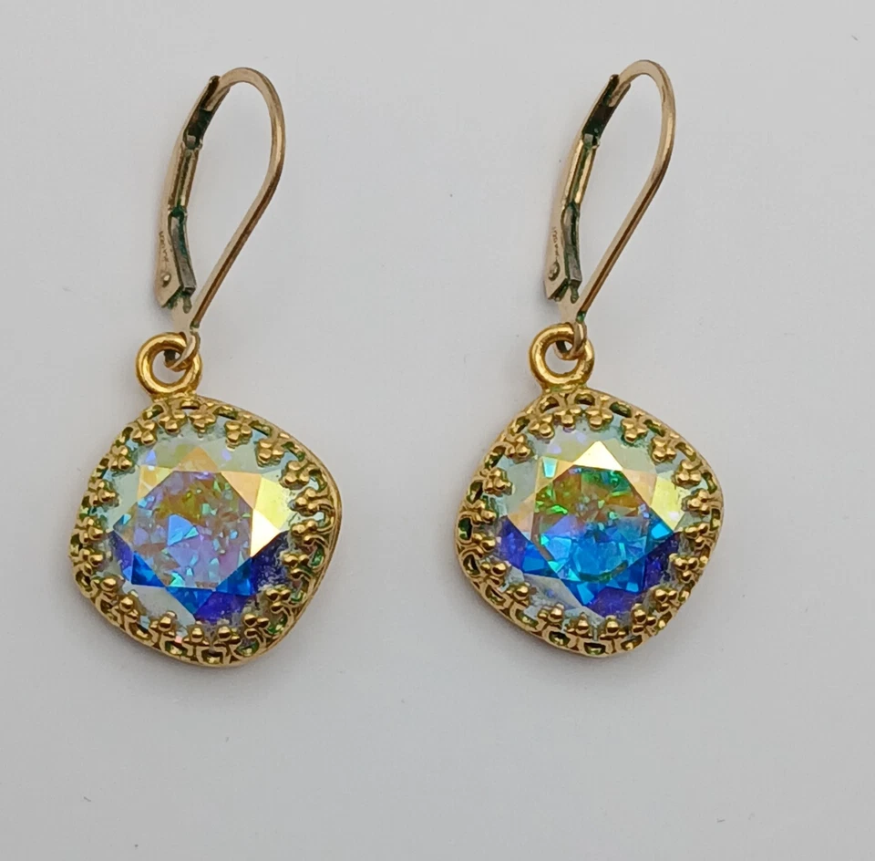 Yellow Gold Filled Round Mystical Multicolor CZ Dangle Earrings - Image 2 of 4