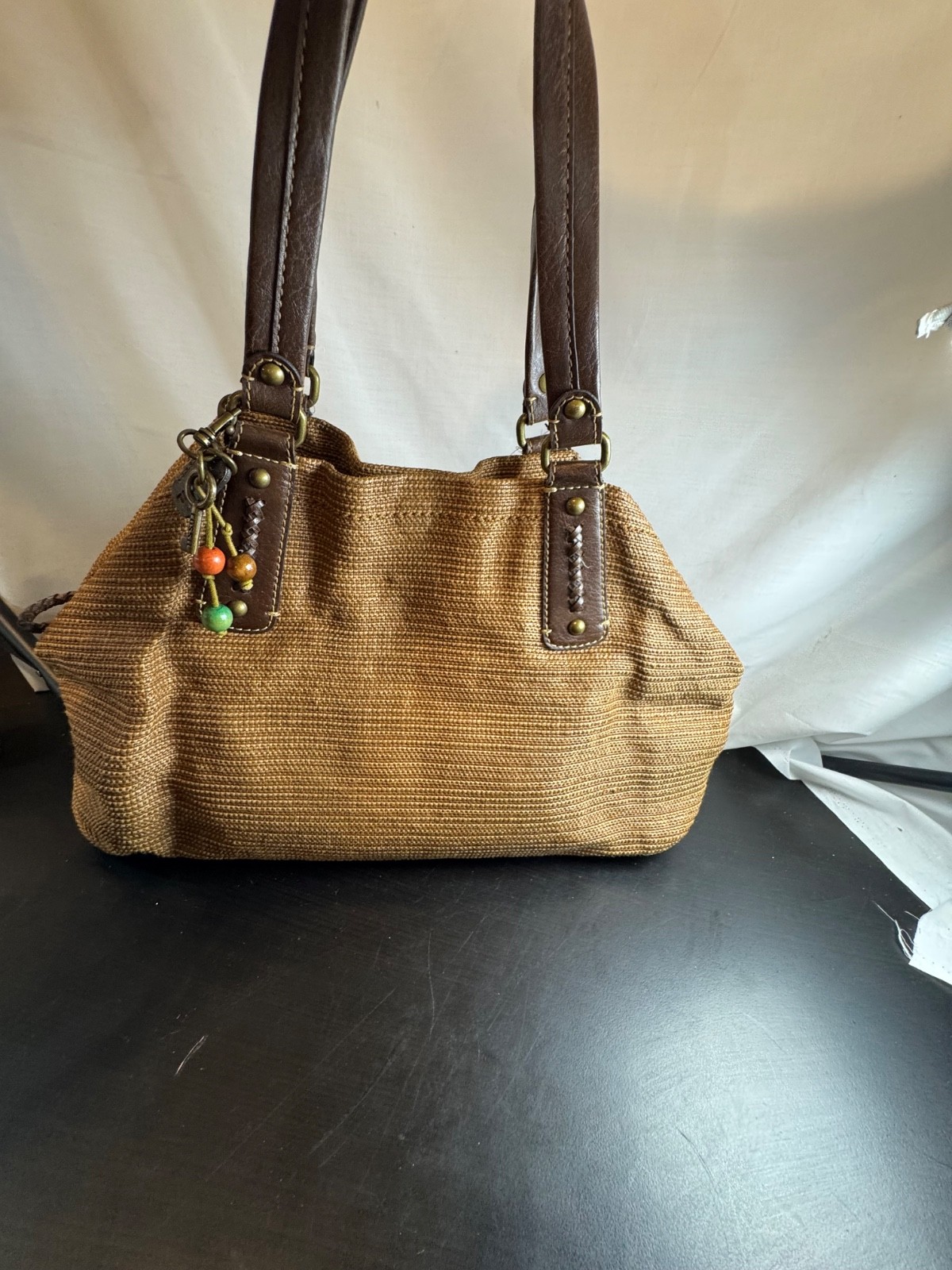 Fossil Brown Boho Woven Fabric Large Shoulder Tote with Gathered Sides and Bag Charms