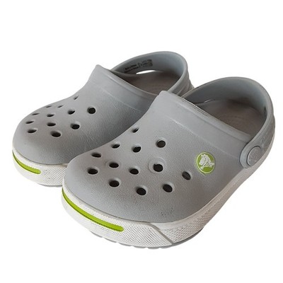 Crocs Crocband Clogs Boys 6/7 Gray Lime Green Stripe Retro Water Shoes Summer