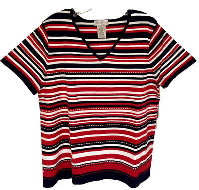 Two Vintage White Stag V-neck, striped, short sleeve shirts in RWB classic knit