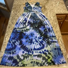 AB STUDIO Womens 10 Sleeveless Maxi Dress Blue Green Boho Festival Empire Waist