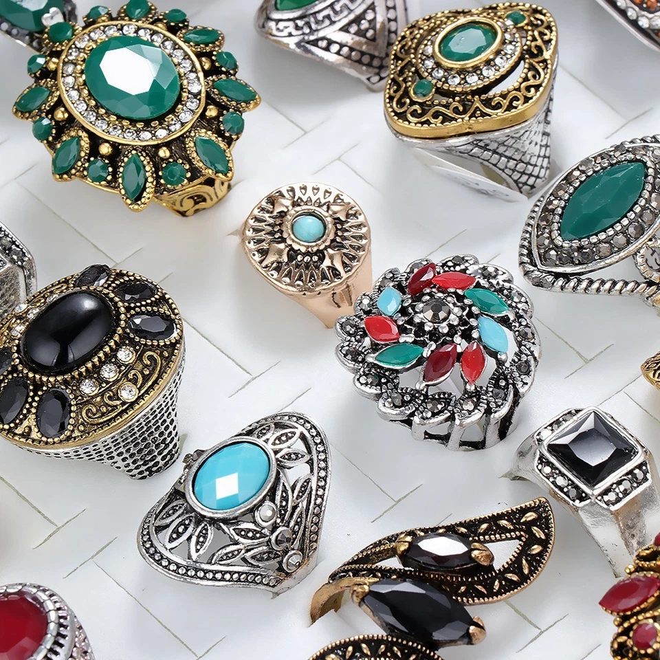 Venta al por mayor Lote de 50 piezas Anillo Joyería Metal Estilo Mezcla Piedra Cristal Vintage Hombres Mujeres Foto 4 de 4