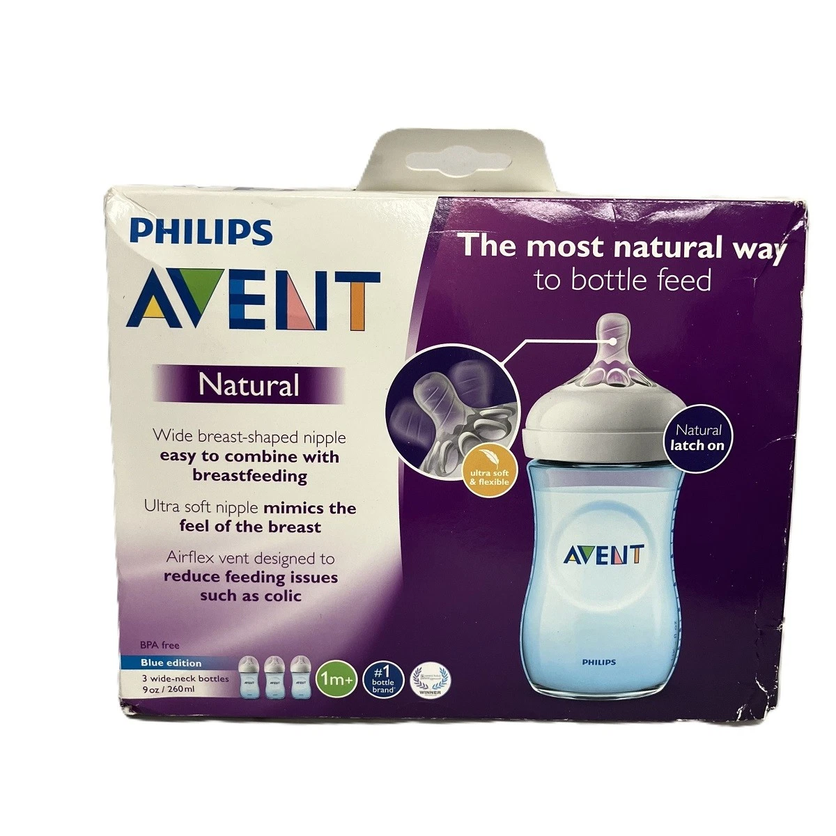 Philips Avent Natural Baby Bottle, Blue, 9oz, 3pk SCF013/39