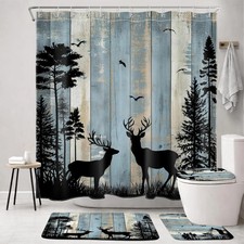 Rustic Forest Cabin Shower Curtain Set with Non-Slip Bathroom Rugs, Wild Animal