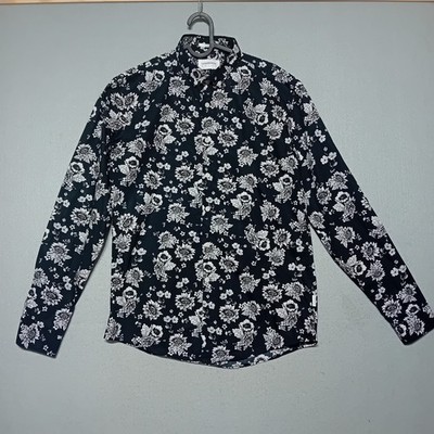 Lindbergh White Herren Floral Hemd Medium Slim Fit Schwarz Weiß Langarm