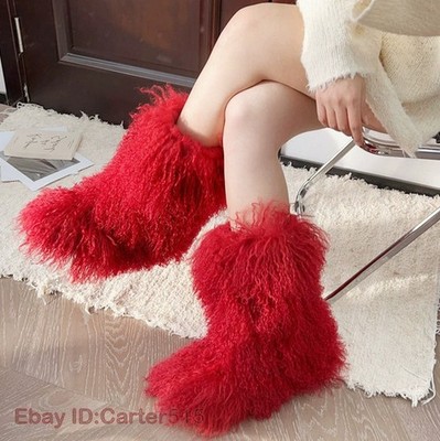 Womens 100% Real Mongolian Fur Sheep Fur Snow Warm Mid Calf Boots Winter  Lady
