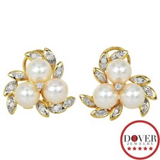 Estate Diamond 6mm Pearl 14K Yellow Gold Floral Bouquet Stud Earrings 4.8 GR NR