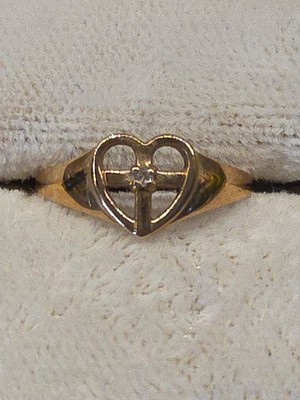 Vintage PPC 10k Yellow Gold Child's Ring Size 3 Heart Cross Clear Stone Petite