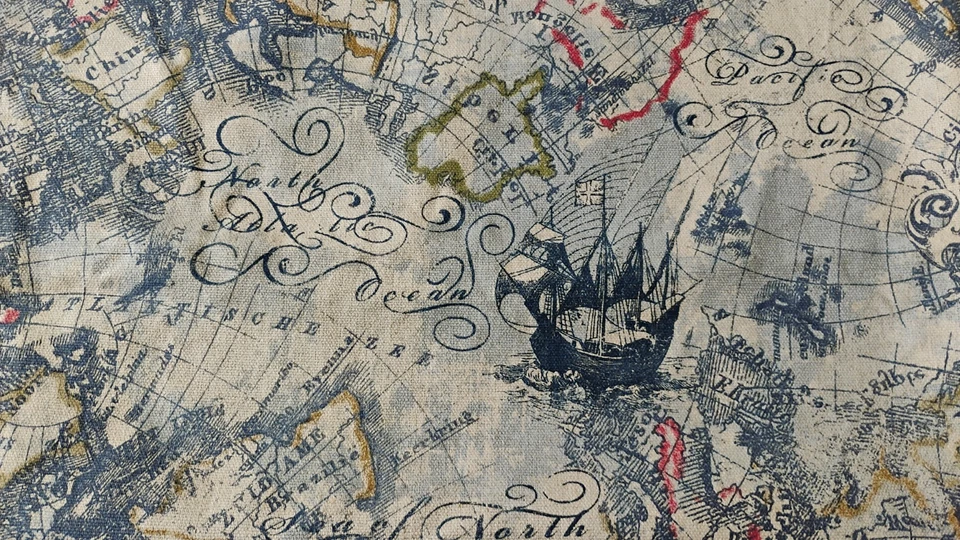 Handmade Linen Curtain Panels 50 x 65" (2) World Map Beige Blue Study EUC - Image 4 of 4