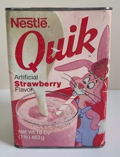 Vtg Nestle Quik Strawberry Flavor Tin Can 16 Oz 70's - 80's Advertisement