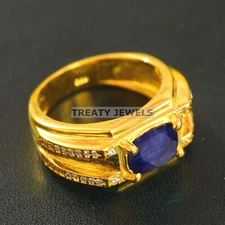 Blue Sapphire Oval Cut With 925 Sterling Silver Gold Plated Ring For Men #B589