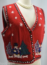 Womens Erika Casuals Vtg Red Wool Snowman Vest Ugly Christmas Top Button V Sz M