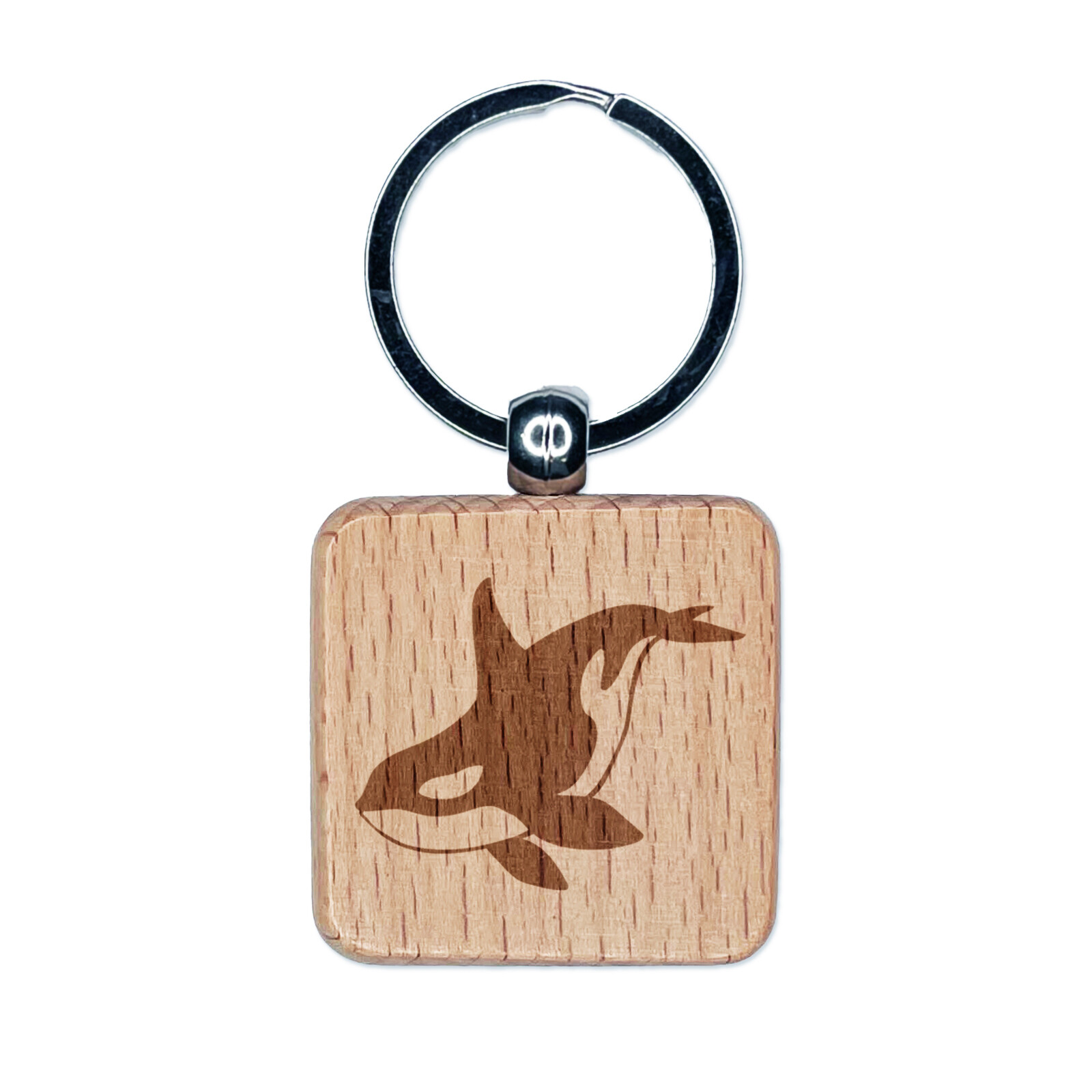 Majestic Orca Killer Whale Engraved Wood Square Keychain Tag Charm