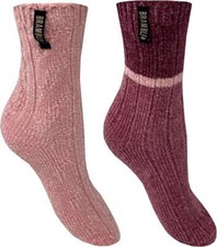 Bramble Ladies Chenille Bed Slipper Socks 2-Pack Pink & Berry - Non-Slip 4-7 UK