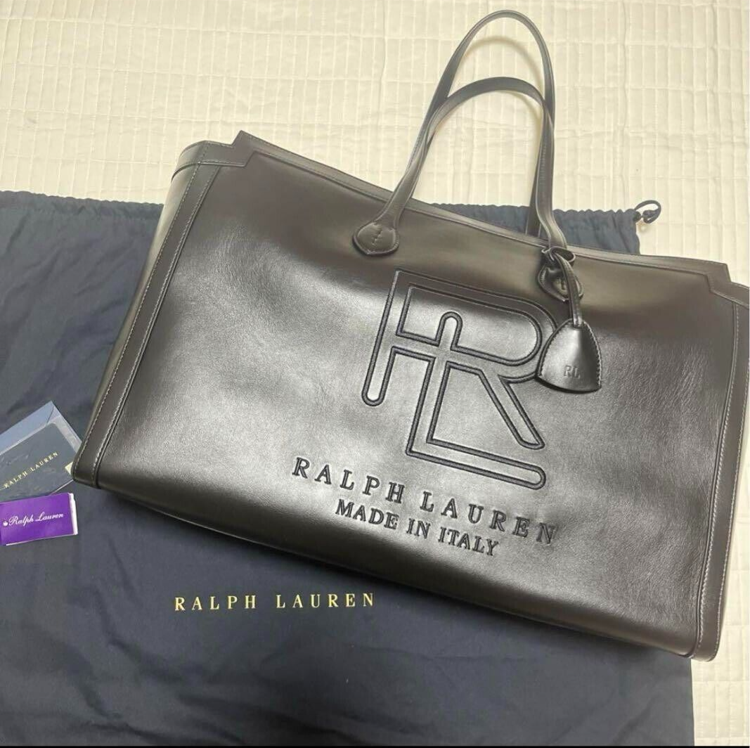 Ralph Lauren Purple Label Leather Tote Bag RL Calfskin Black Made