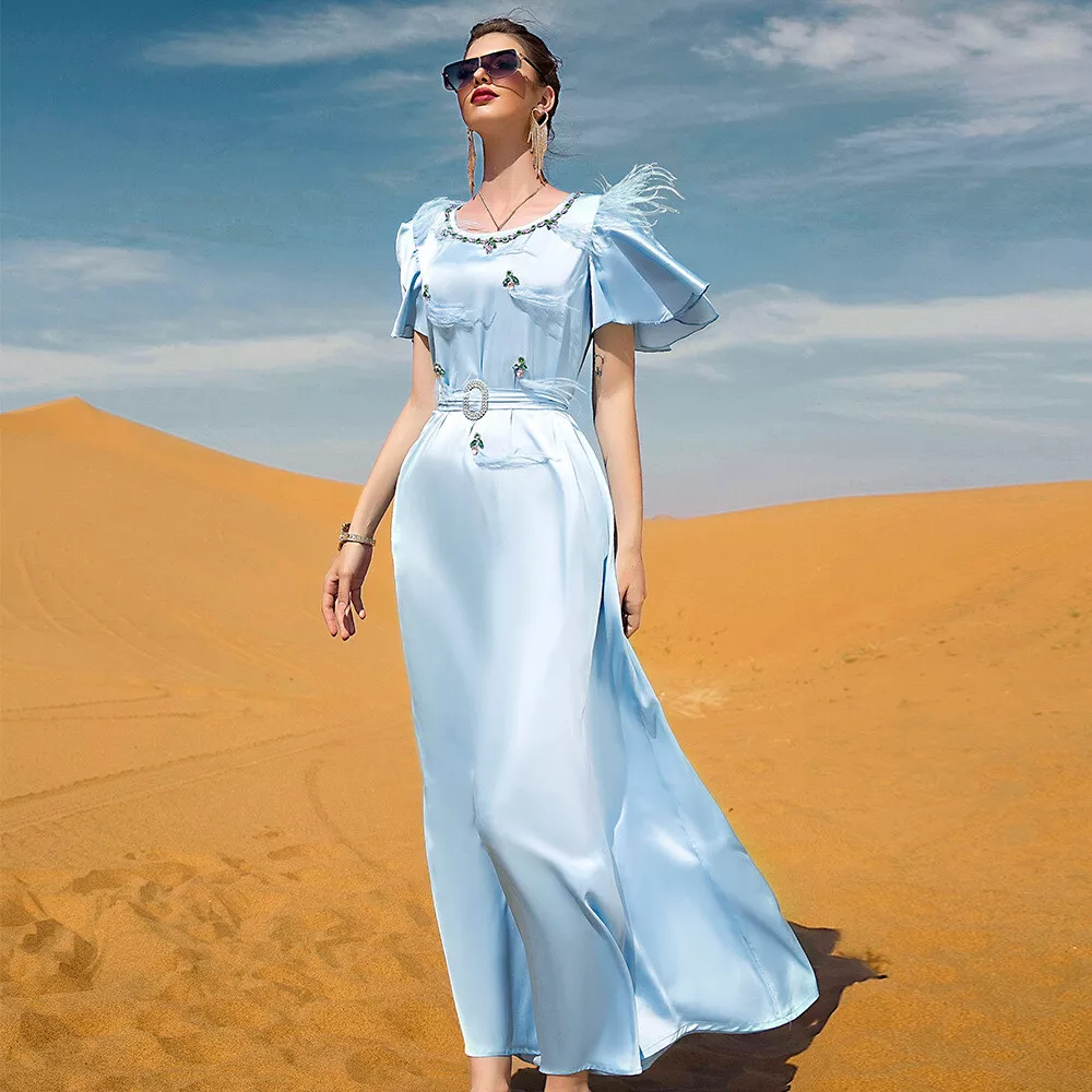 Womens Dress Light Blue Satin Dress Short Sleeve Hand Sewn Diamond Waistband New