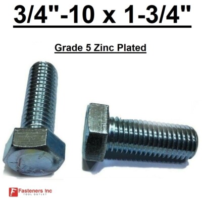 3/4-10 x 1-3/4'' (FT) Hex Bolt Zinc Plated Grade 5 Cap Screw Coarse Thread