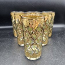 Culver Valencia 22 K Gold & Green Highball Water Glasses MCM Set OF 8 Signed