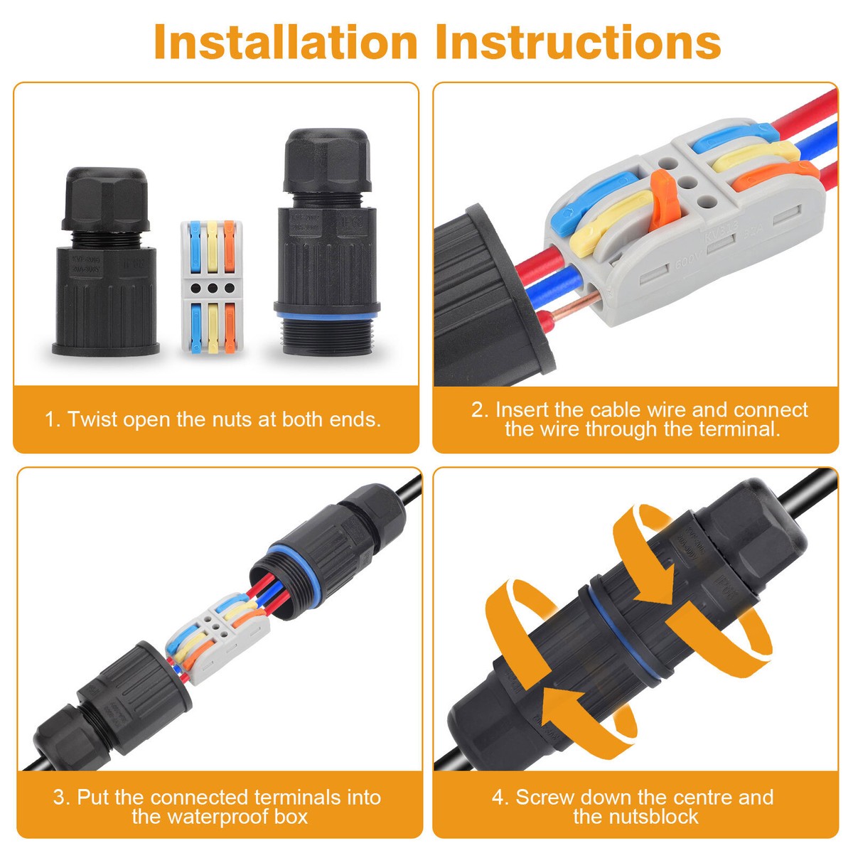 Waterproof electrical connector IP68, outdoor electrical cable connector, waterproof junction box 3 wires, waterproof domino junction box for cables 4 to 12 mm (4 pieces