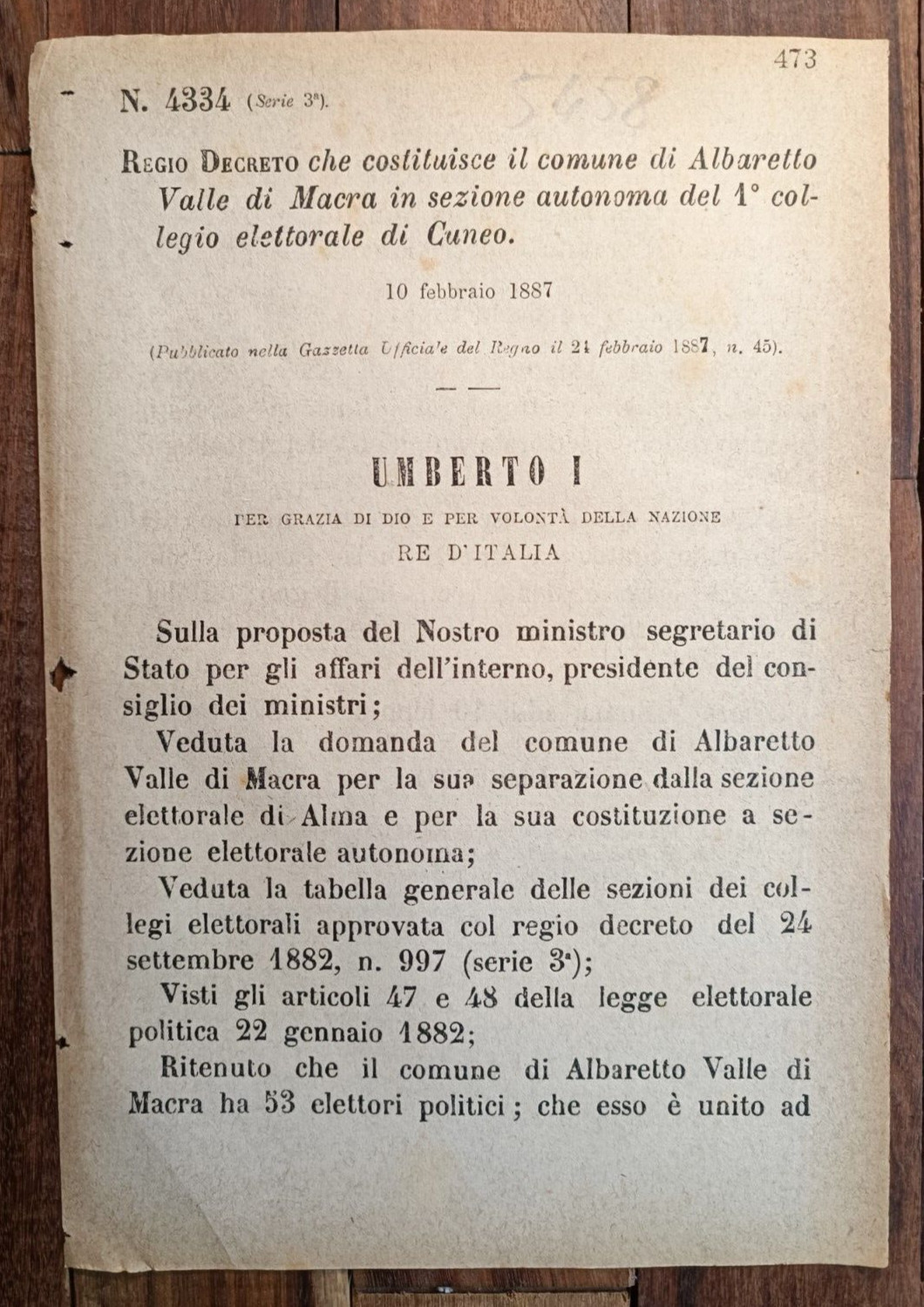 ALBARETTO VALLE DI MACRA 1887 REGIO DECRETO X COLLEGIO ELETTORALE- 1 PAGINA-5458