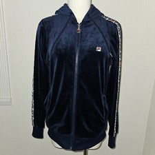 Fila Navy Blue Velour Full Zip Logo Tape Sleeve Stripe Track Jacket Women Medium