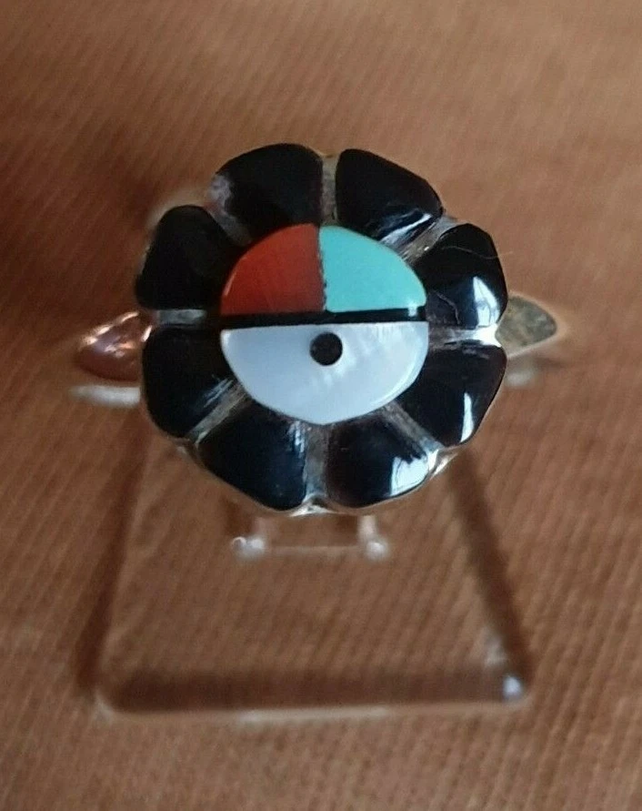Zuni Ring Sunface in Onyx Blüte, Türkis, Koralle, Onyx,, 925% Silber, Indianer - Bild 1 von 4