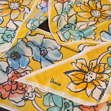 Vintage Vera Nuemann Floral Scarf Logo Accent Yellow Blue White Orange Green