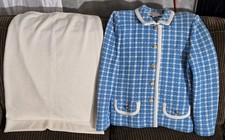 Vtg Castleberry Tweed Two Piece Blazer Suit Skirt Set, Blue White, Cream. Sz 10