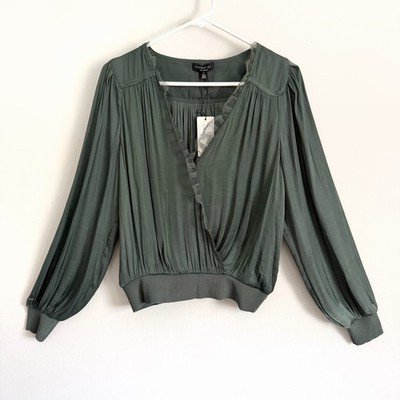 NEW Current Air Nati Lace V-Neck Long Sleeve Blouse in Forrest Green Sz Small