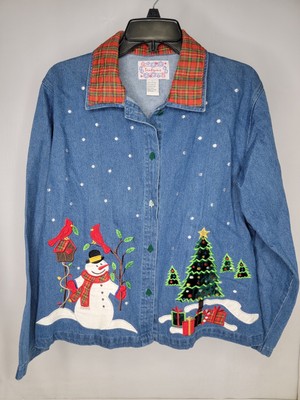 Tantrums Denim Shirt/Jacket Size Large Chistmas Embroidered Long Sleeve Holiday
