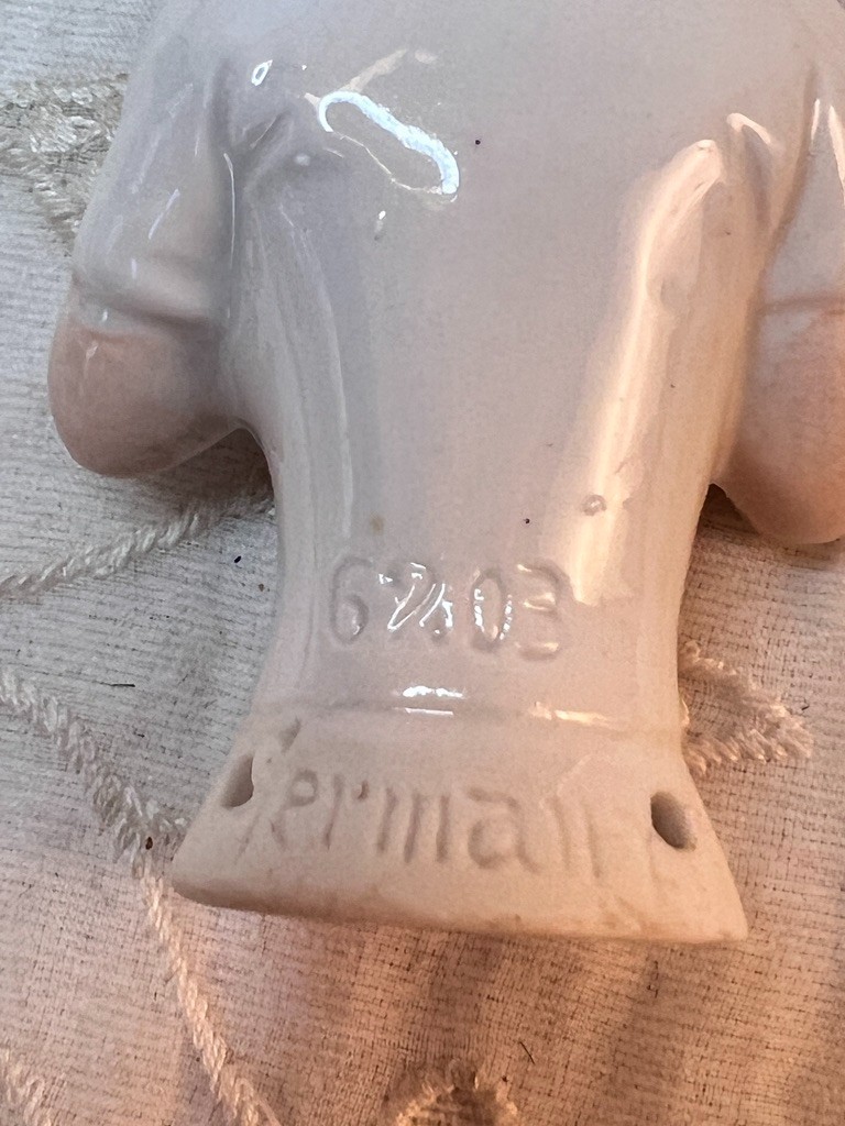 Vintage German Porcelain Pin Cushion Doll Purple Hat Half Doll Approx 2.25"H