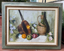 DIPINTO OLIO SU TELA - NATURA MORTA - FRUTTA RAME VETRO - SPARTACO LOMBARDO '85