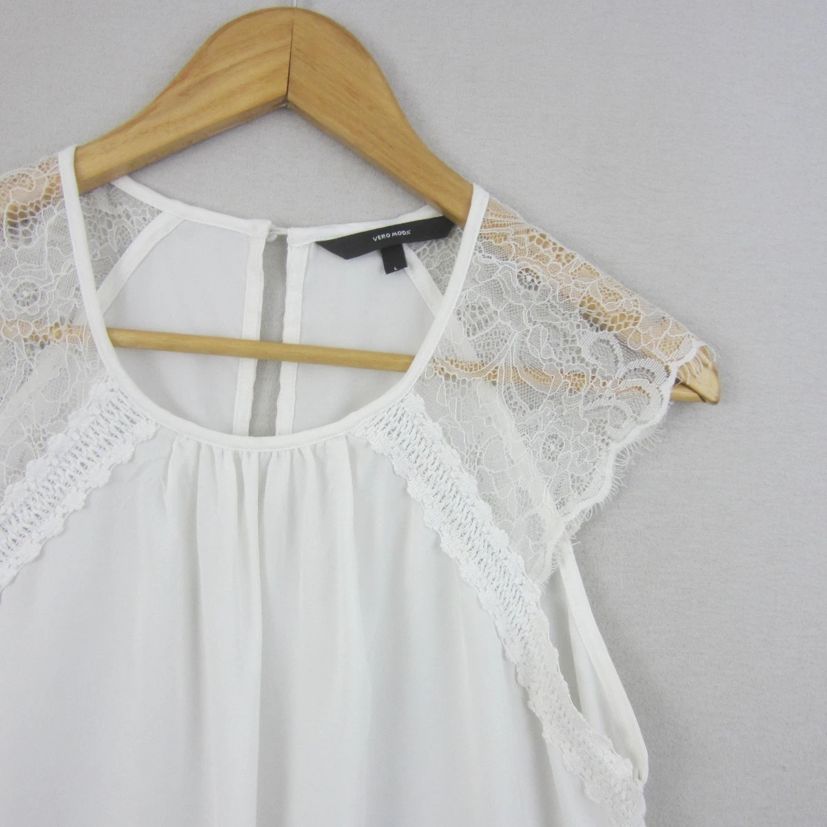 Vero Moda Top Womens Large White Lace Shoulder Sleeveless Swing Boho