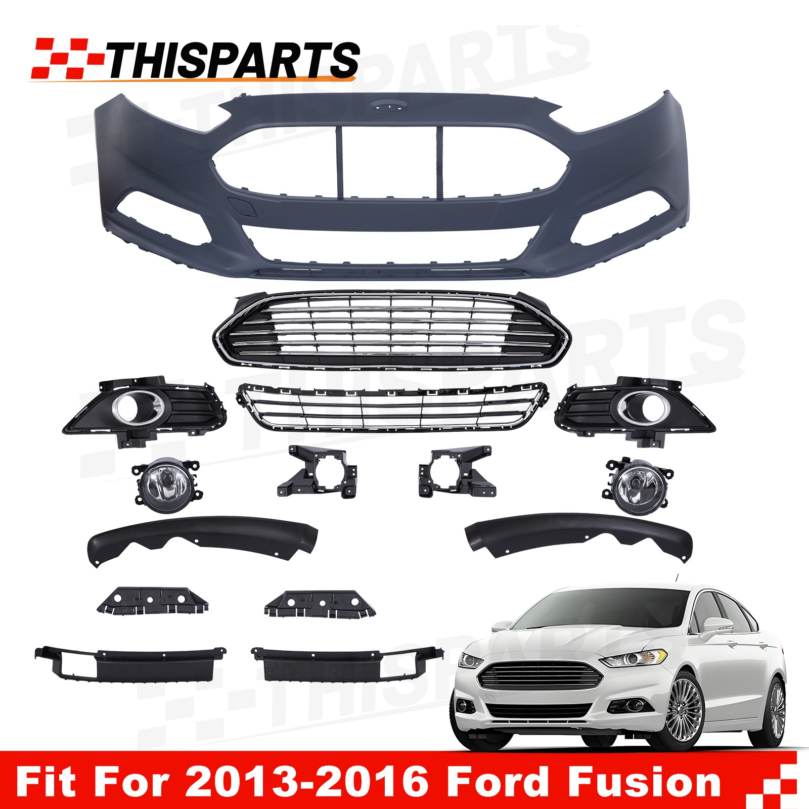 For 2013-2016 Ford Fusion Front Bumper Cover Grille Fog Light w/Chrome Molding